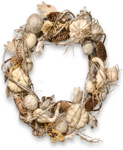 National Tree Company 20" Artificial Autumn Wreath, White, Decorated With Pumpkins, Gourds, Pinecones, Berry Clusters, Bal