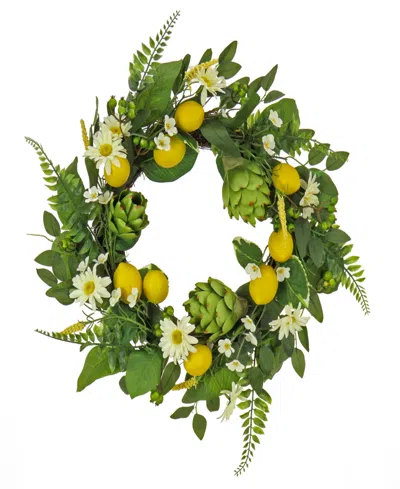 National Tree Company 22 Daisy, Artichoke And Lemon Wreath In Green