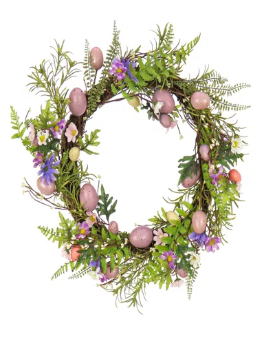 National Tree Company 22" Eggs, Flowers, And Ferns Wreath In Purple