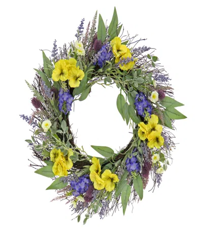National Tree Company 22 Pansy And Lavender Wreath In Yellow
