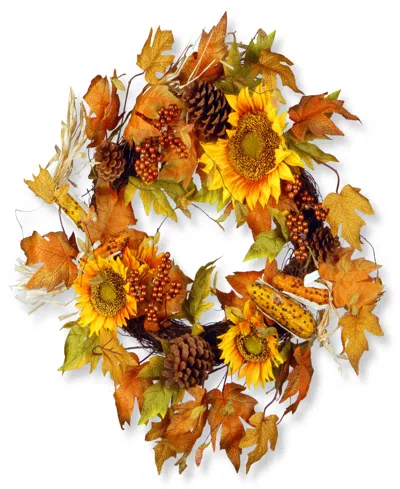 National Tree Company 24" Artificial Autumn Wreath, Decorated With Sunflowers, Pinecones, Berry Clusters, Corncobs, Maple In Orange