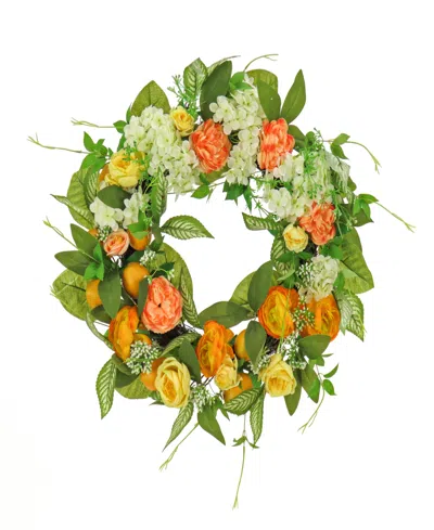 National Tree Company 24 Lemons, Hydrangeas And Buttercups Wreath In Pink
