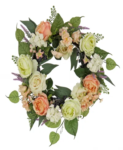 National Tree Company 24 Rose And Peony Flowers Wreath In Peach