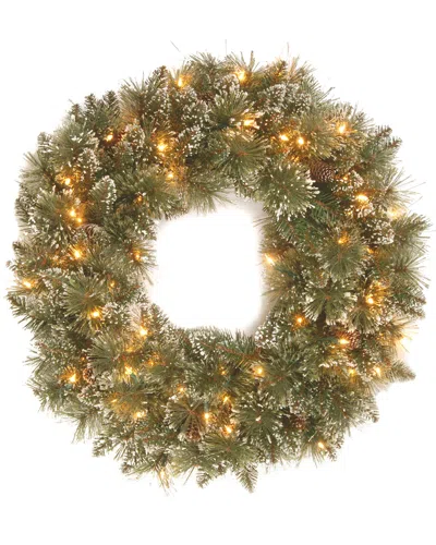 National Tree Company 24in Glittery Pine Wreath With Pine Cones And Battery Operated Led Lights