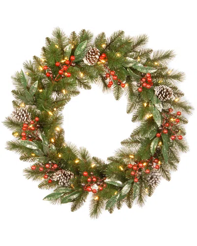 National Tree Company 30in Frosted Pine Berry Collection Wreath With 50 Warm White Battery Operated  In Green