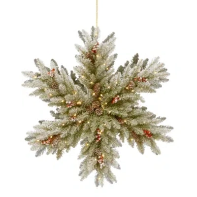 National Tree Company 32" Snowy Dunhill Fir Double Sided Snowflake With Cones, Red Berries & 100 Warm White Battery Operat In Green