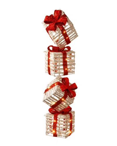 National Tree Company 33in White Plastic Rattan Giftbox Tower In Red