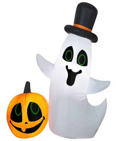 National Tree Company 4' Halloween Inflatable Ghost With Pumpkin Small Scene, Led Lights In White