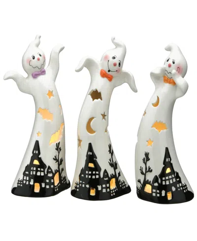 National Tree Company 7" Three Dancing Ghosts Ceramic Decoration, Led Lights, Pack Of 3, Halloween Collection In White