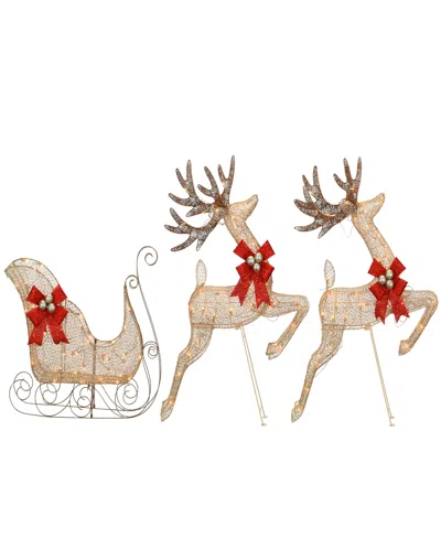 National Tree Company Champagne Reindeer And Sleigh With Clear Lights In Gold