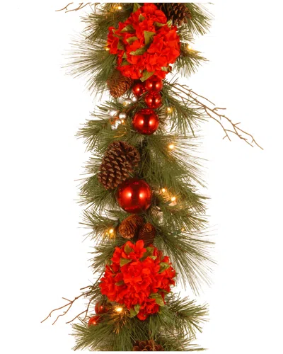 National Tree Company National Tree 9ft Decorative Hydrangea Garland With Battery Operated Warm White Led Lights In Red