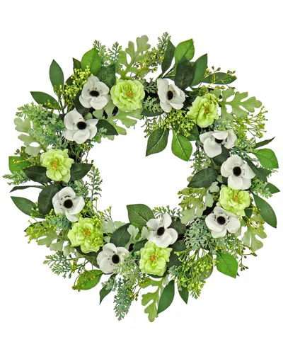 National Tree Company Rose & Anemone Flowers Wreath In Cream
