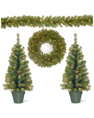 National Tree Company Two 3ft Entrance Trees W/ 35 Warm White Bat Op Leds + 9ft X 8in Garland W/ 50