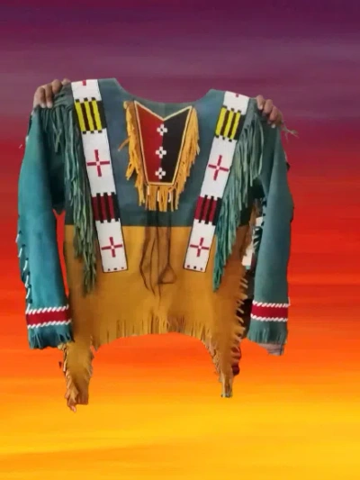 Pre-owned Native American03 Men Native Old Style Handmade American Buckskin Buffalo Beaded Fringes In Green