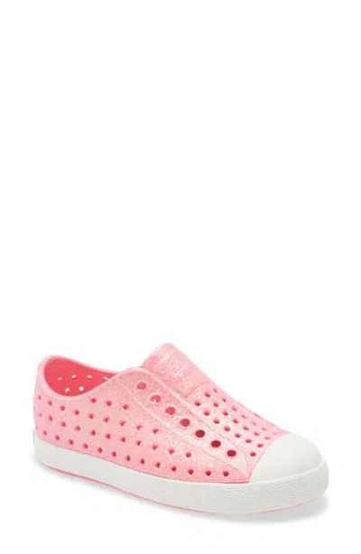 Native Shoes Jefferson Bling Glitter Slip-on Sneaker In Pink Glitter/shell White