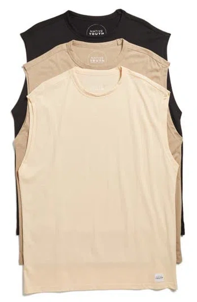Native Youth Assorted 3-pack Vest Tank Tops In Black/peach/clay