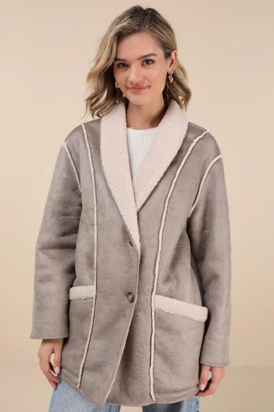 Native Youth Claine Taupe Distressed Suede Shearling Coat