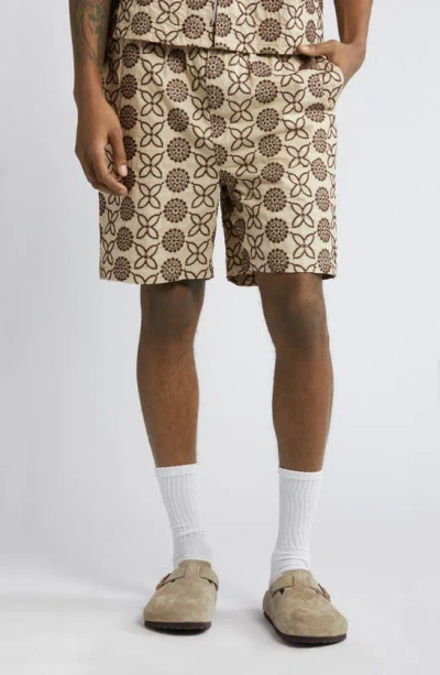 Native Youth Embroidered Cotton Shorts In Beige / Brown