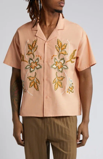 Native Youth Embroidered Linen & Cotton Camp Shirt In Pink