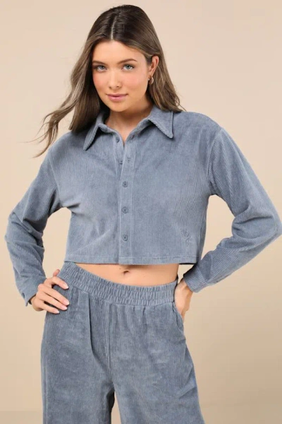 Native Youth Hayter Slate Blue Corduroy Cropped Long Sleeve Button-up Top