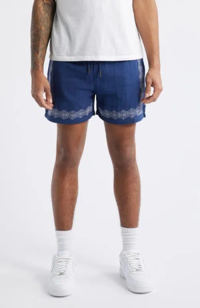 Native Youth Kendrick Embroidered Cotton Gauze Shorts In Navy