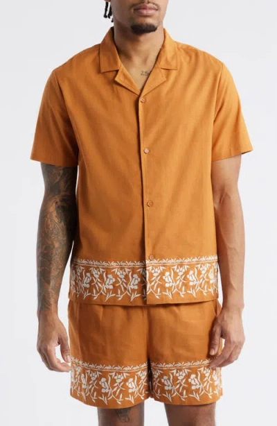 Native Youth Kent Cotton & Linen Embroidered Camp Shirt In Rust