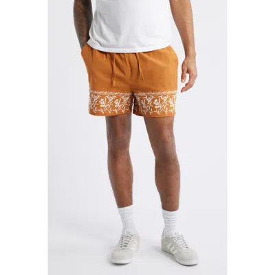 Native Youth Kingsley Regular Fit Embroidered Cotton & Linen Shorts In Rust