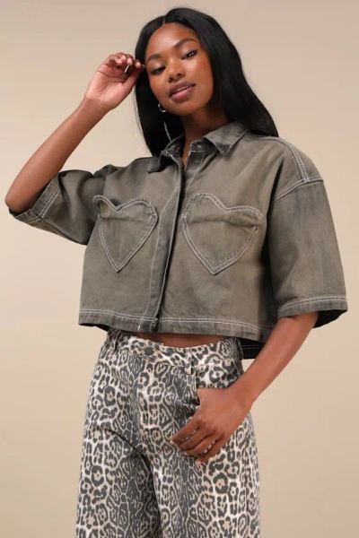 Native Youth Lacy Washed Grey Cropped Denim Top