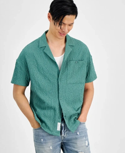 Native Youth Men's Oversized-fit Button-down Seersucker Camp Shirt In Teal
