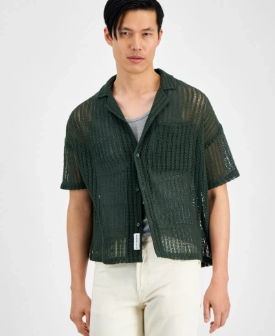 Native Youth Men's Oversized-fit Cropped Macrame Button-down Camp Shirt In Olive