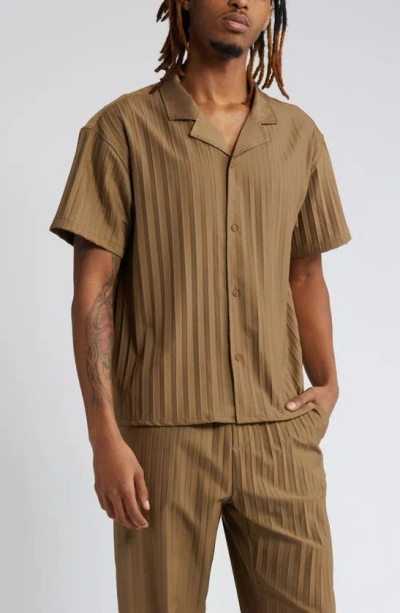 Native Youth Tonal Stripe Boxy Camp Shirt In Taupe