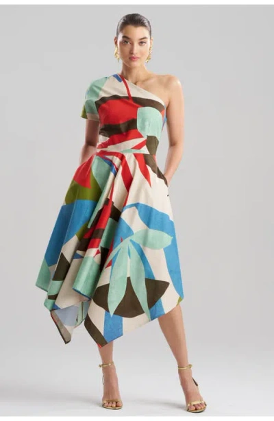 Natori Abstract Palm Cotton Poplin One Shoulder Handkerchief Hem Dress In Multi