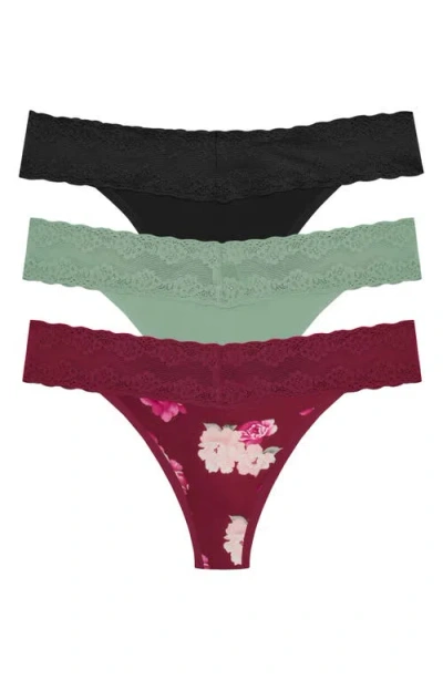 Natori Bliss 3-pack Perfection Lace Trim Thongs In Dark Cherry/ Black