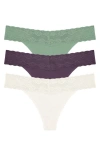 Natori Bliss 3-pack Perfection Lace Trim Thongs In Ivory/verbena/oregano