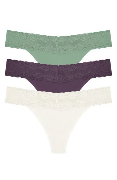 Natori Bliss 3-pack Perfection Lace Trim Thongs In Ivory/verbena/oregano