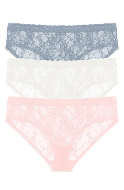 Natori Bliss Allure Lace 3-pack Girl Briefs In Seashell/ivory/ocean Storm