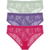 Natori Bliss Allure Lace One Size Girl Brief 3-pack In Primrose/deep Indigo/meadow