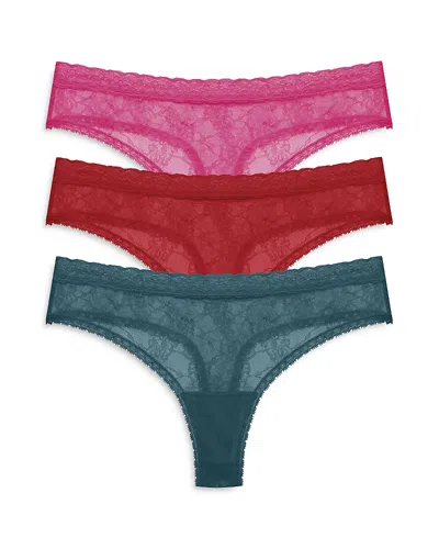 Natori Bliss Alure 3-pack Lace Thongs In Crystal,samba,rasberry