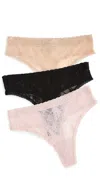 Natori Bliss Allure One Size Lace Thong 3-pack Black/cafe/rose Beige In Black/cafe/rose Beige