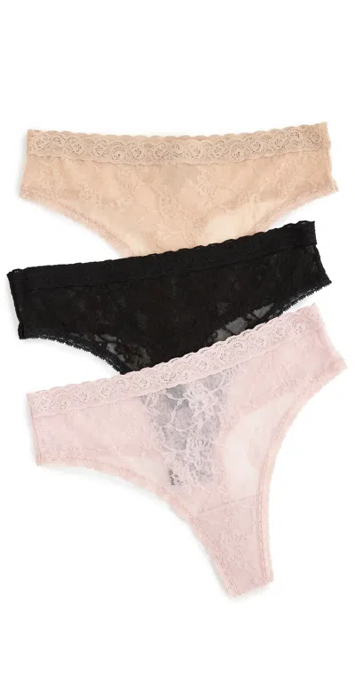 Natori Bliss Allure One Size Lace Thong 3-pack Black/cafe/rose Beige