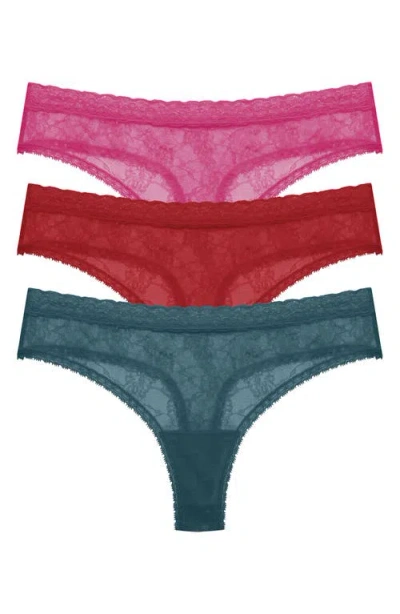 Natori Bliss Alure 3-pack Lace Thongs In Crystal,samba,rasberry