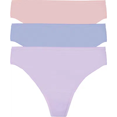 Natori Bliss Bare Cotton Thong 3-pack In Lilac Drm/glacier Blue/potpour