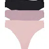 Natori Bliss Bare Cotton Thong 3-pack In Potpourri/rose Mist/black