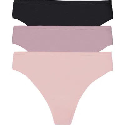 Natori Bliss Bare Cotton Thong 3-pack In Potpourri/rose Mist/black