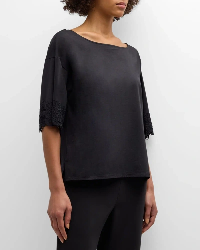 Natori Bliss Harmony Lace-trim Elbow-sleeve T-shirt In Black
