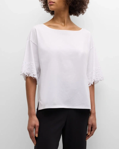 Natori Bliss Harmony Lace-trim Elbow-sleeve T-shirt In White
