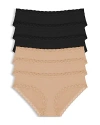 Natori Bliss Lace-trim Briefs, Pack Of 6 In Black/cafe