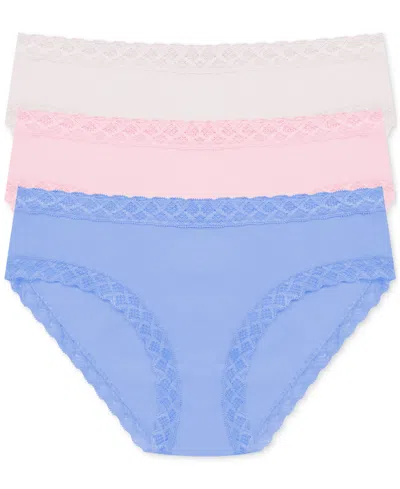 Natori Bliss Lace-trim Cotton Brief Underwear 3-pack 156058mp In Blue