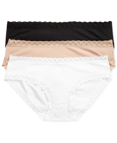 Natori Bliss Lace-trim Cotton Brief Underwear 3-pack 156058mp In Black,cafe,white