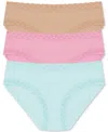 Natori Bliss Cotton Girl Brief 3-pack In Mint,cafe,pink Nectar